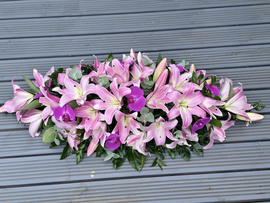 Elegant Pink  Lilies and Orchid Casket Spray