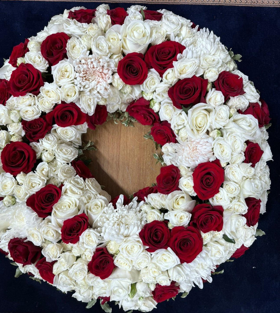 Red white Rose Wreath - Rams florists