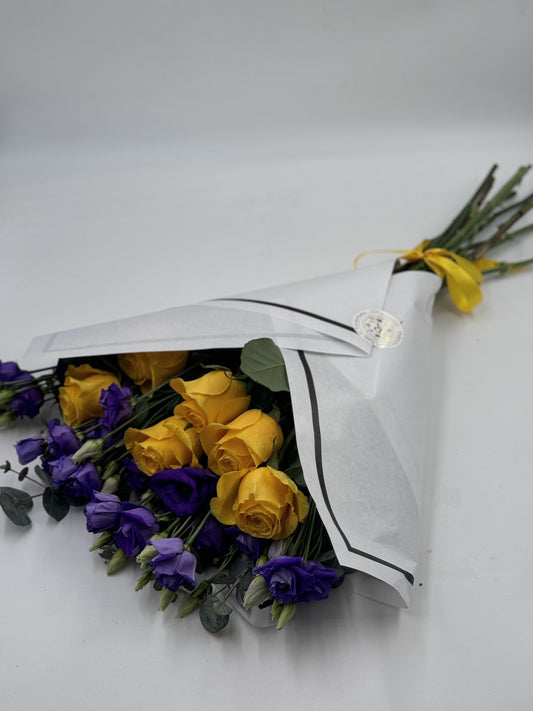 Beautifully Simple Flat Bouquet Yellow & Purple