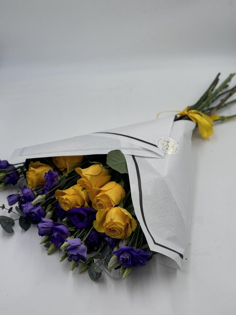 Beautifully Simple Flat Bouquet Yellow roses & Purple lisianthus - Rams florists