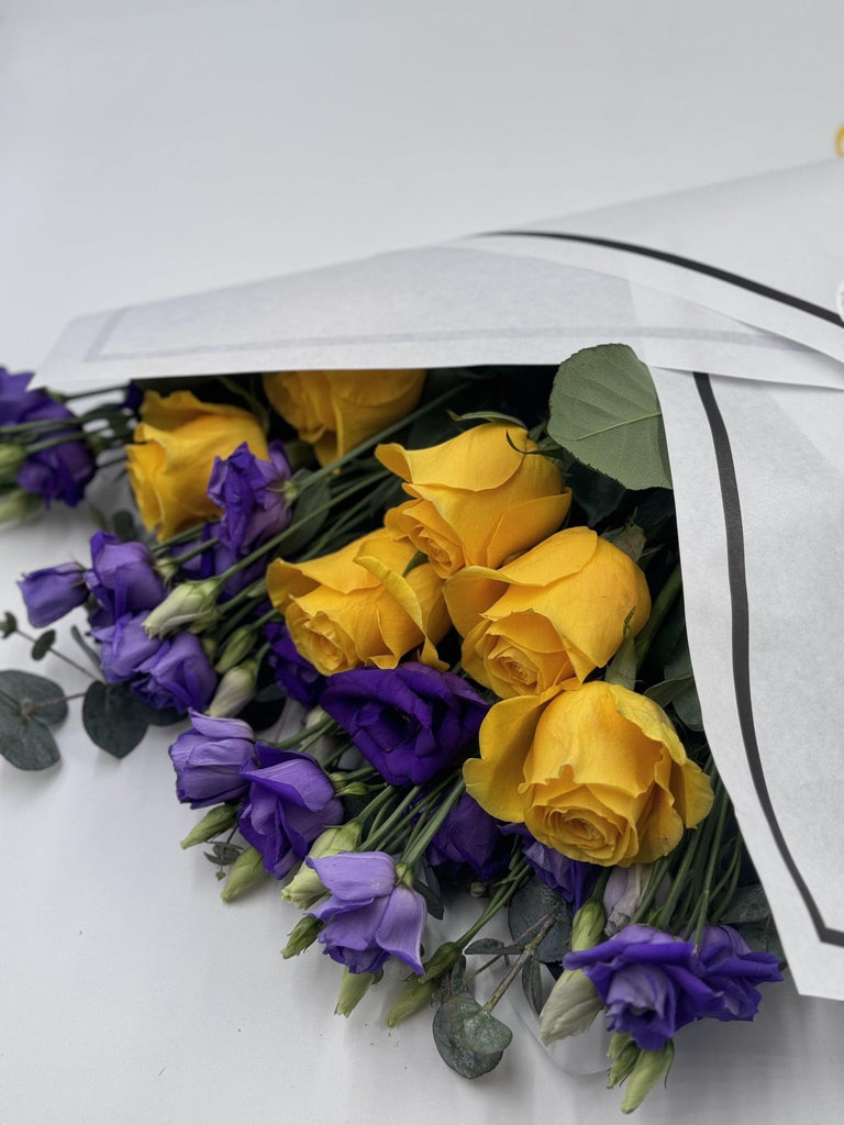 Beautifully Simple Flat Bouquet Yellow roses & Purple lisianthus - Rams florists