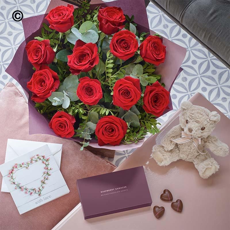 Valentines Dozen Red Roses Gift Set